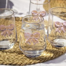 Set of 4 Pink Bow Tulip Tumbler Glasses 400ml Stemless Water Cocktail Drinkware