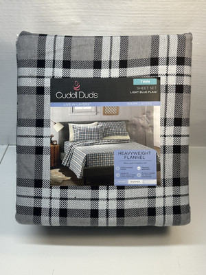 Cuddl Duds Twin Sheet Set Light Blue Plaid Heavyweight Flannel 3 Piece Warm NEW