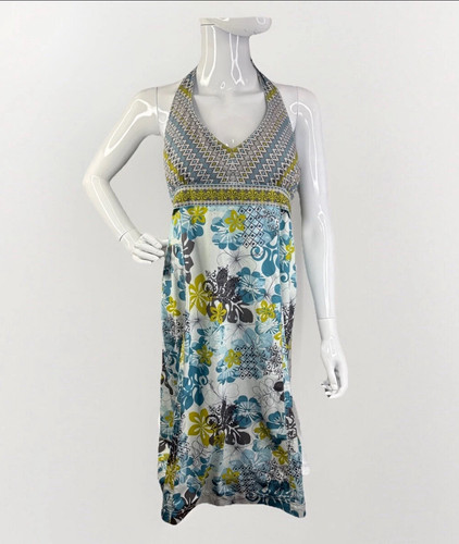 Athleta Pack Everywhere Blue Grey Mixed Print Halter Sundress W/ Pocket Size 14