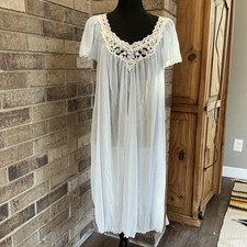 NOS VINTAGE Miss Elaine Nightgown Size M Blue Lace Nylon Sleepwear USA Made 1D2
