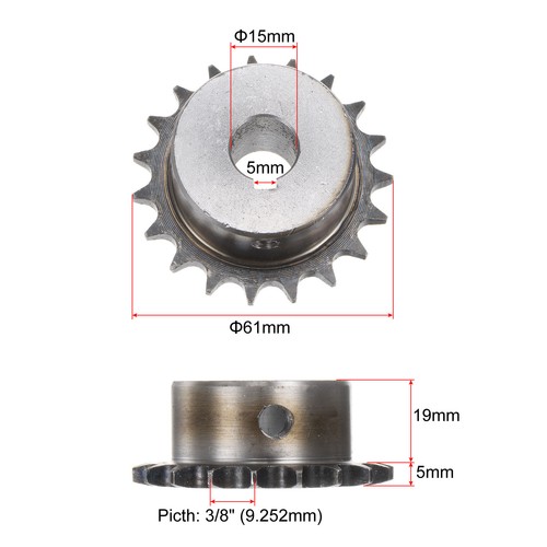 QUARKZMAN ISO/DIN 06B-1 Rolkettingwiel B-type, 20 mm boring, 3/8 verdeling, A3-staal enkel streng-rolkettingwiel gehard, 19 tanden