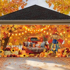 Fall Leaves Garage Door Banner 7 x 16 ft Autumn Pumpkin Scarecrow Backdrop Do...