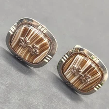 Vintage cufflinks men's agate brown banded maple leaf bullet back formal classic