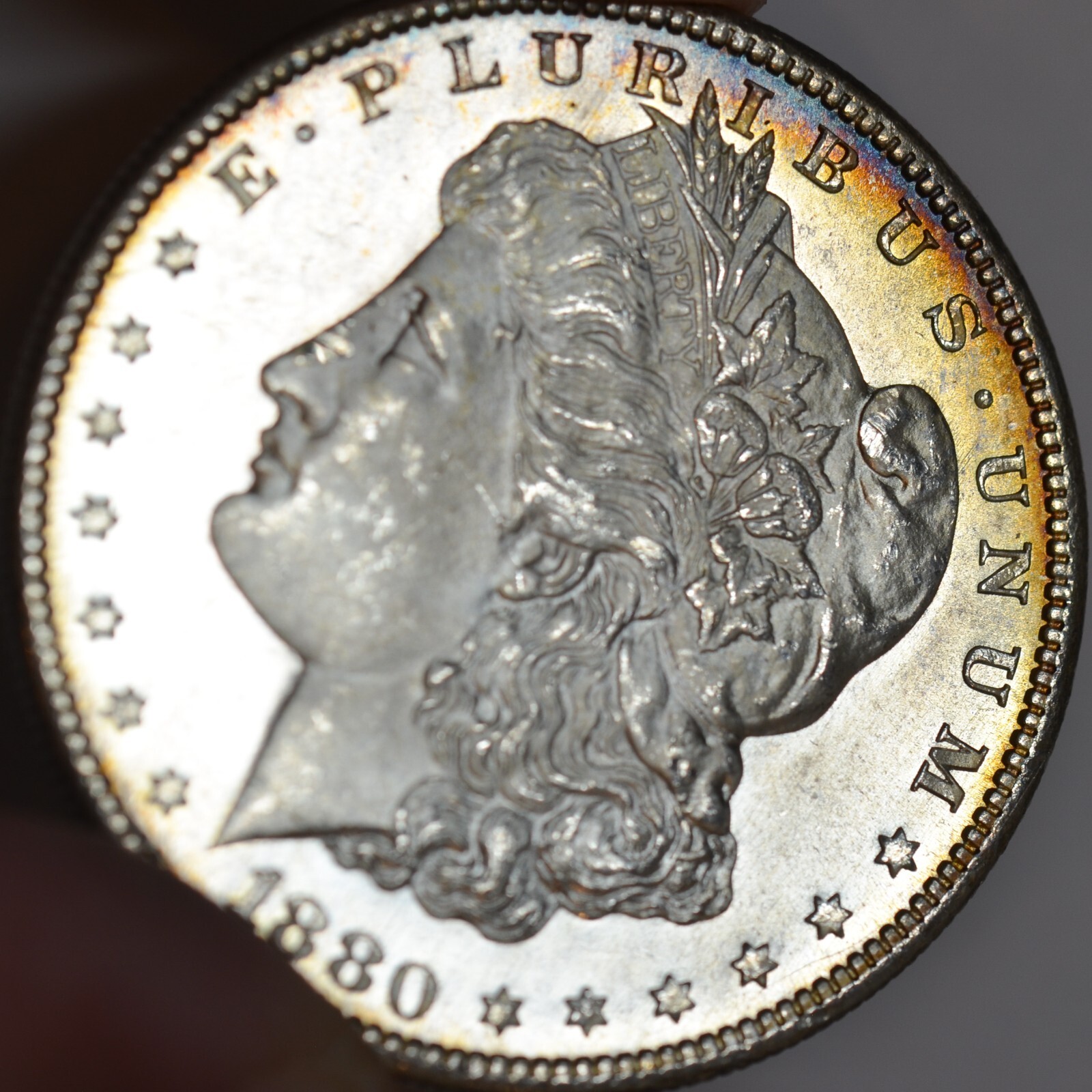 Silver Rimmed Coin 1880 S Morgan Silver Dollar, Brilliant Uncirculated+, Prooflike, Rim ...