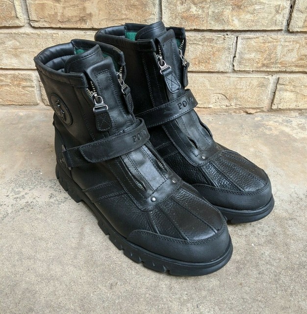 Polo Ralph Lauren Snow Duck Boots Zip Strap Black Leather Biker Men's