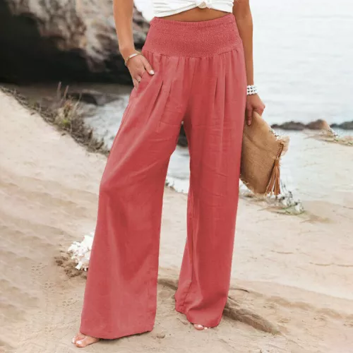 Women's High Waist Cotton Linen Trousers Ladies Casual Baggy Wide Leg Yoga - Picture 17 of 56