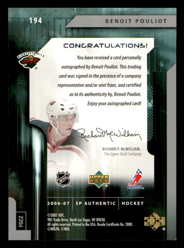 2006-07 SP Authentic #194 Benoit Pouliot AU RC /999 (ref 240133) - Image 2 of 2