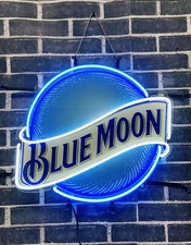 20"x16" Blue Moon Beer Neon Sign Lamp Light Handmade Glass Artwork Bar Hanging