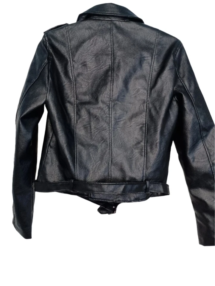 Biker Jacket Women's Black Faux Leather Modern Zipper Snaps Medium - Image 2 of 4