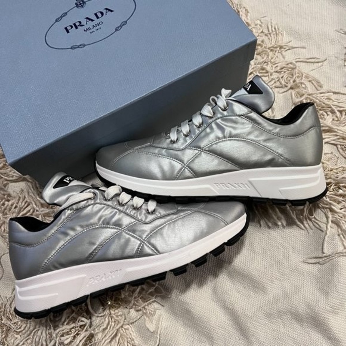 NEW PRADA Logo Nylon Casual Laceup Sneakers Silver Argento US 8.5