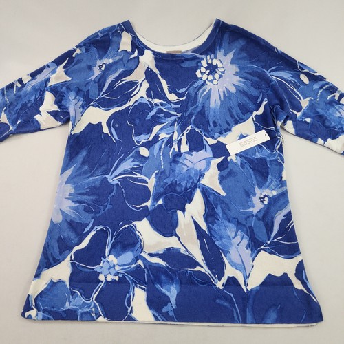 Chico's sweater pullover womens 1 US M Medium blue white 3% cashmere floral - Picture 2 of 11