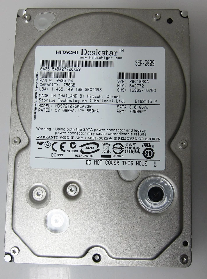 HITACHI 750 GB 3.5" Internal SATA Hard Drive MODEL: HDS721075KLA330 For PC & MAC - Image 2 of 2