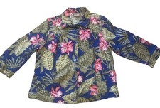 Chico  s Jacket Women's Size 2 Tropical Floral Linen Blue Green Pink 3/4 Slv