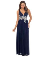Betsy  Adam Women's Embroidered-Waist Sheath Party Maxi Dress Gown SilverNavy 2
