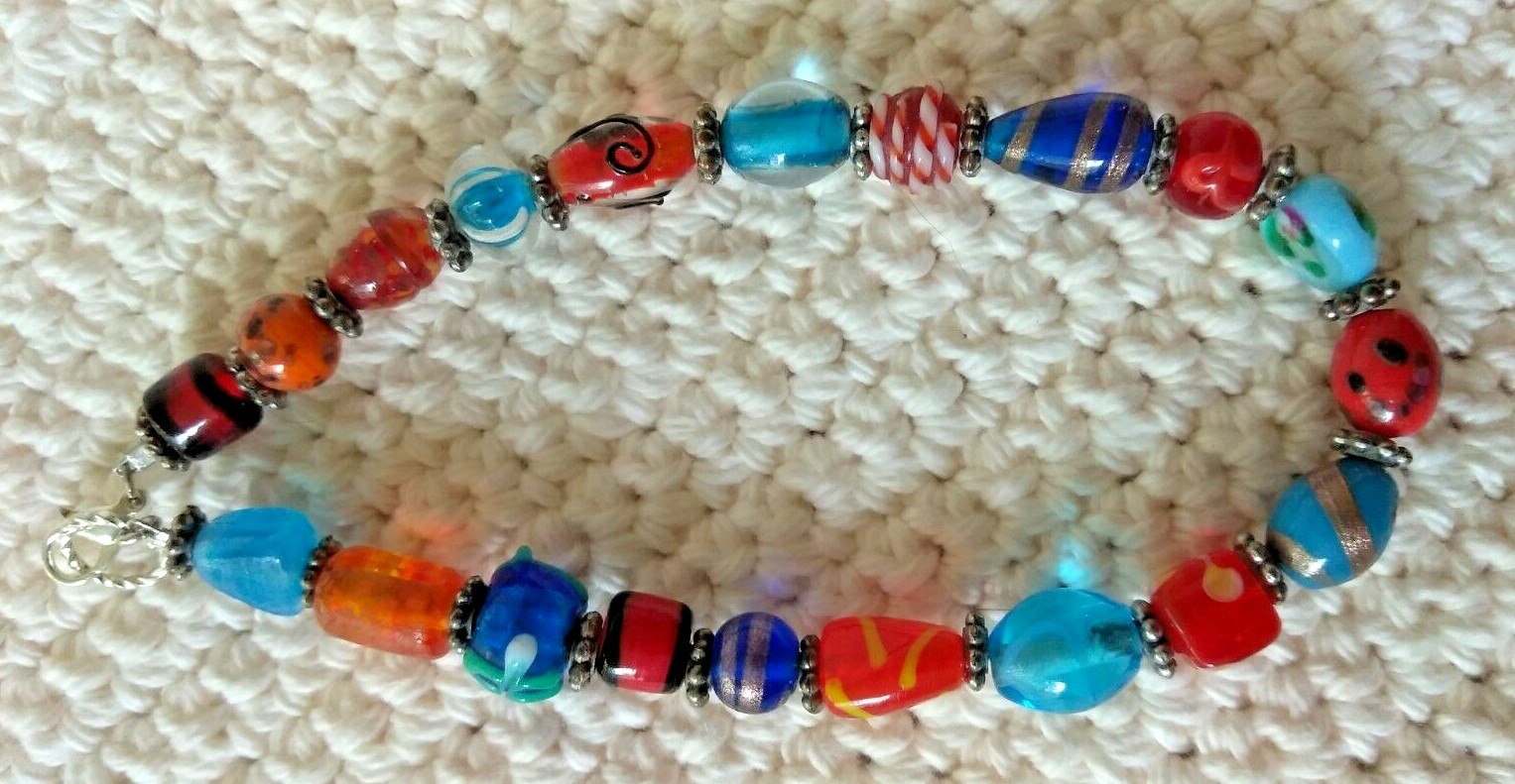 Blue Red Beaded Anklet Handmade Artisan Jewelry-image