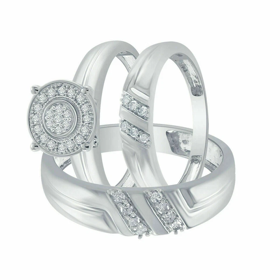 0.29 Ct Round Cut Real Diamond Engagement Wedding Trio Ring Set 10K White Gold - Image 2 of 4