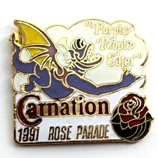 VTG Carnation 1991 Rose Parade Dragon Purple People Eater Pin Advertise Souvenir