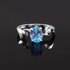 Natural Blue Topaz Gemstone With 18K White Gold Plated Silver Women's Ring 1262