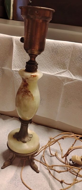 Mid-Century Alabaster Onyx Marble Lamp Ornate Brass Dolphin Foot Base
