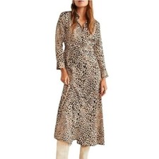 Mango MNG Suit Cheetah Sz 6 Leopard Print Satin Maxi Collar Animal Dress Style