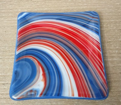 Red White and Blue Art Glass Contemporary Fused Square Dish Plate 5'' Food Safe