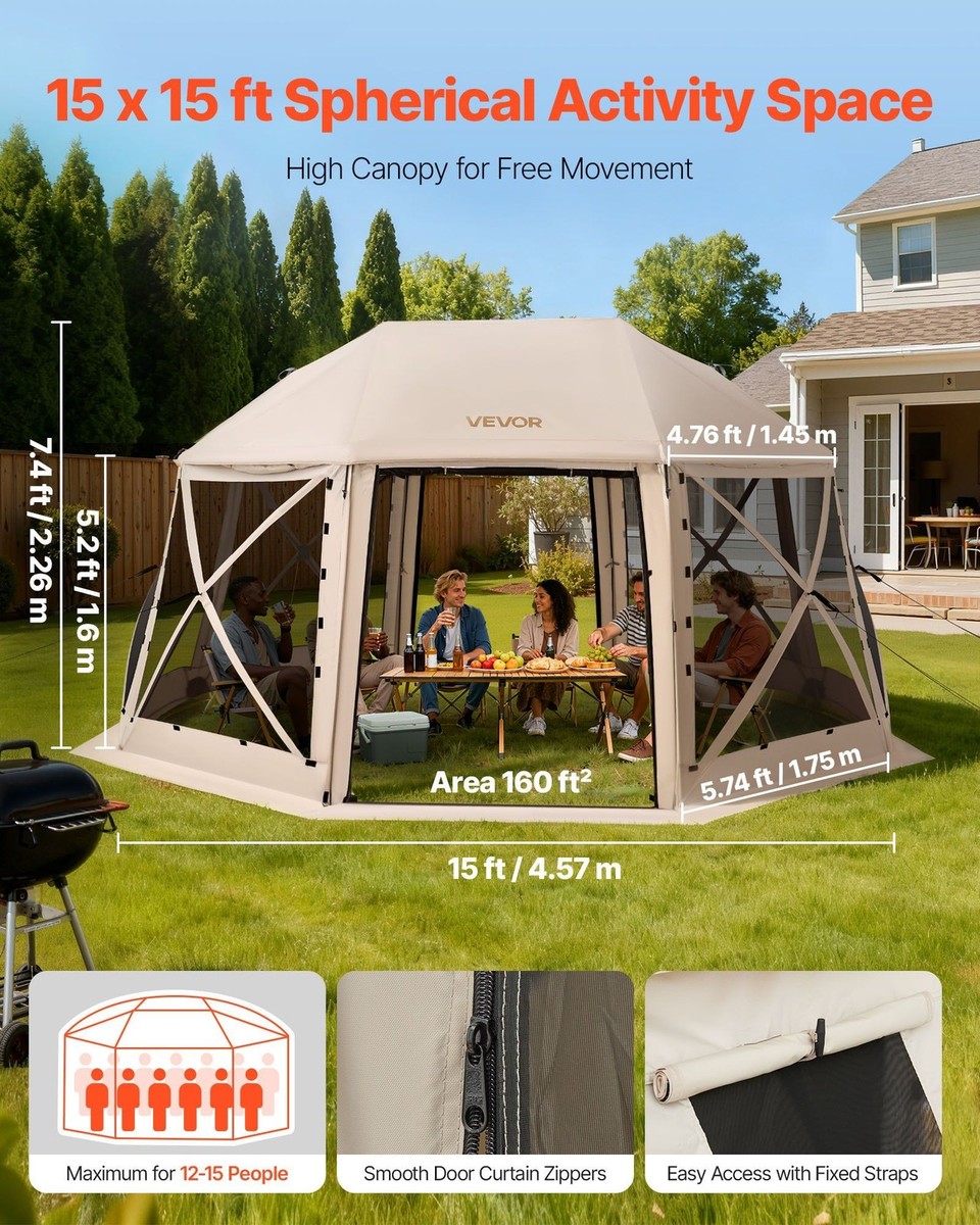 15x15ft Outdoor Screen House, 13-Sided Pop-Up Gazebo, Removable