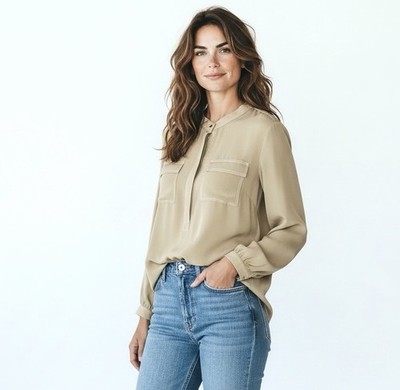 NWT Talbots Silk Popover Blouse Taupe Gray  Half Hidden Button Closure Relaxed L