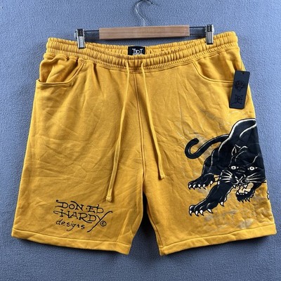 Ed Hardy Fleece Shorts Mens XL Yellow Panther Flames Tattoo Print Sweat Y2K NWT