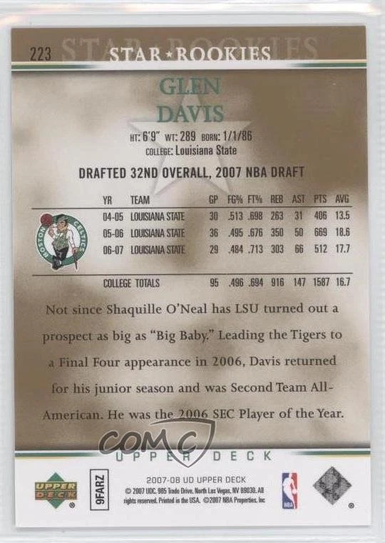 2007-08 Upper Deck Star Rookies Electric Court Glen Davis #223 Rookie RC - Image 2 of 2