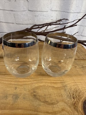 2 pc Set of MCM Roly Poly Cocktail Bar Lowball Glasses 4.25  Silver Rim