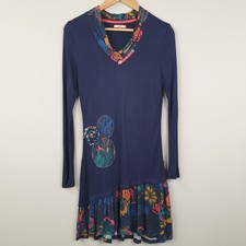 Joe Browns Dress Womens UK 10 Navy Floral Trim Long Sleeve Asymmetric Hem