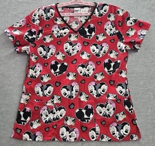 Disney Women Scrub Top Red Mickey Minnie Mouse Heart Kiss Me Shirt Size Below