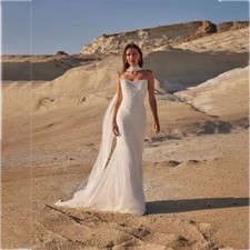 Boat Neck Wedding Dresses Pearls Simple Mermaid Detachable Train Bride Gowns
