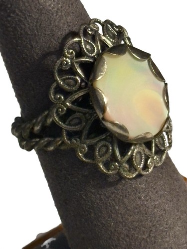 Western Germany Ring Mother of Pearl Silver Tone Filigree Adjustable VTG 40s-50s