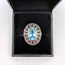 Vintage Sterling Silver Marcasite and Blue Topaz Ring Hallmarked Size Q1/2