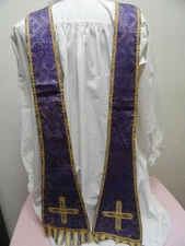 Antique French Catholic Purple Silk Stole Gold Threads Hand Embroidered