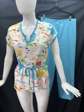 Vintage 70s Nylon Polyester 2 Piece Pants Set Blue Abstract Print M/L