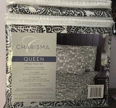 Charisma  QUEEN 6 Piece Sheet Set 100% Polyester Microfiber  in B&W FLORAL