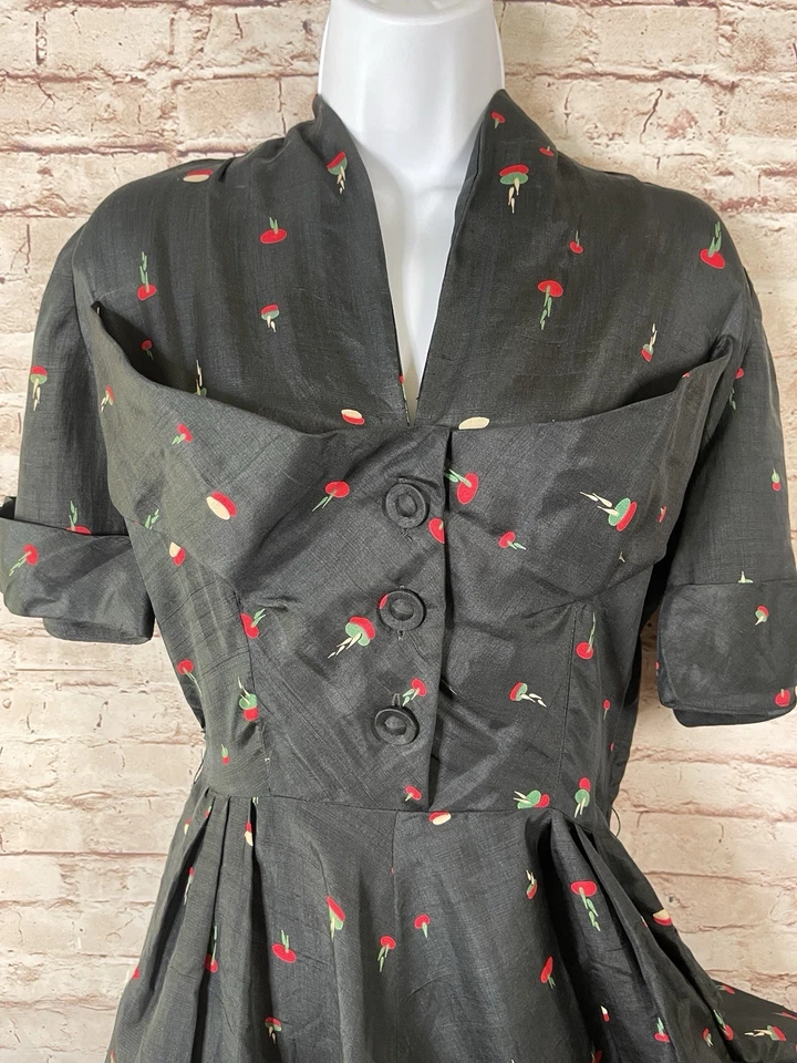 Vestido Pinup Vintage Años 40 Mod Negro Seda Novedad Cóctel Oliva Estampado MCM S/M Foto 2 de 4