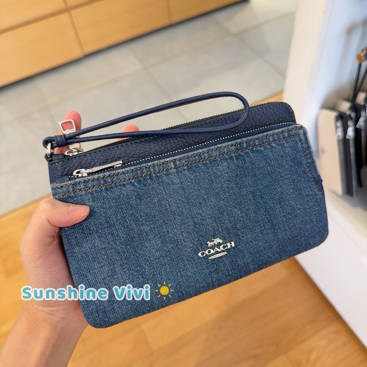 NWT Coach Double Zip Wallet Wristlet In Denim & Leather CAP24