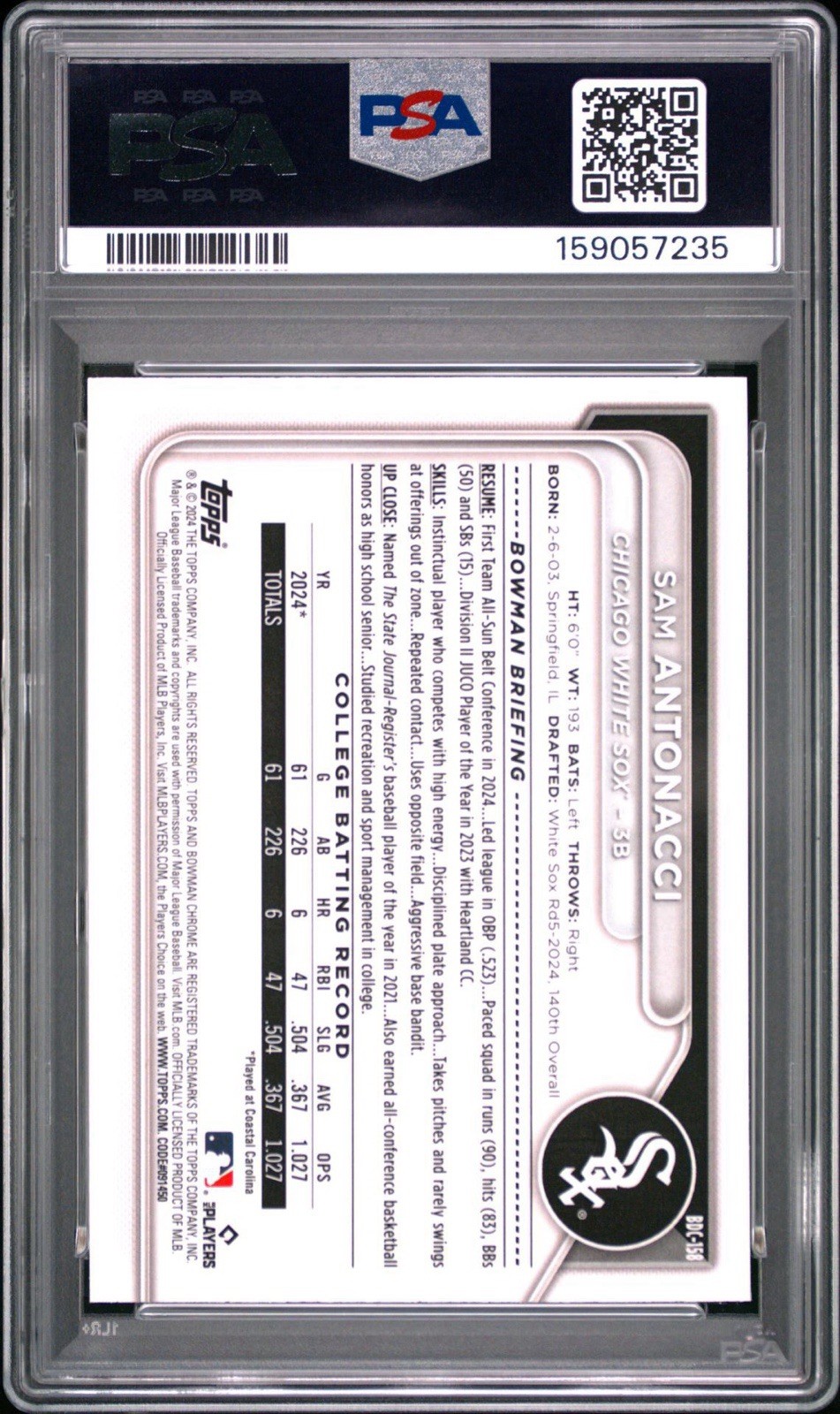 Sam Antonacci 2024 Bowman Draft 1st Chrome PSA 10 Prospect White Sox view 5