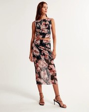 Abercrombie Fitch Floral Ruched Mesh Midi Skirt NWT Pink Navy XS