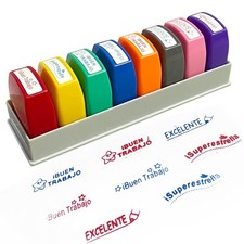 8 Pcs Spanish Classroom Grading Stamps - Colorful Set with Storage Tray for K...