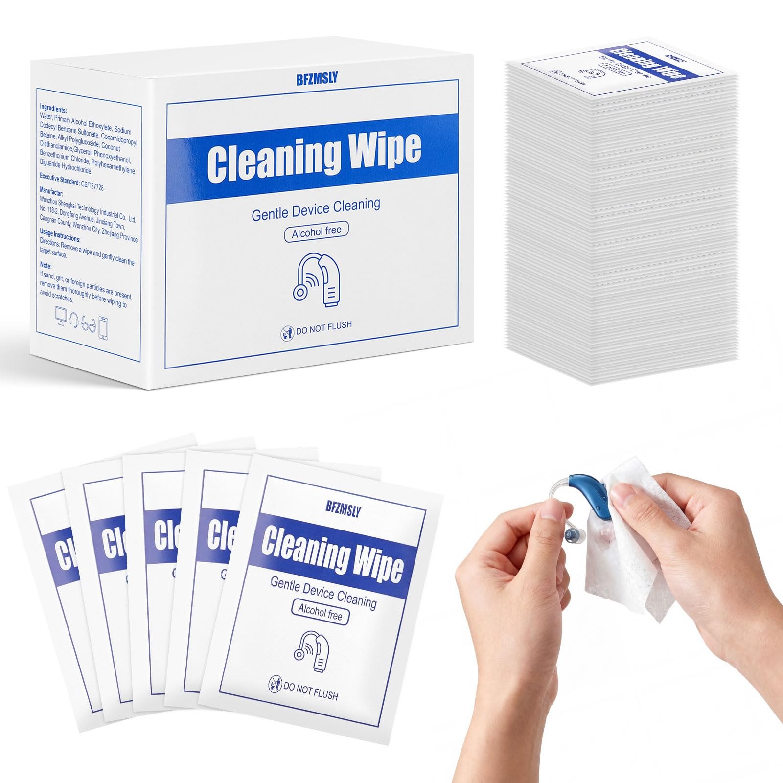BFZMSLY 200 Pcs Hearing Aid Cleaning Wipes - Individually Wrapped Alcohol-Free