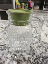 Vintage ARC France Small 6" Ribbed Glass Pitcher w/Avocado Green Lid EUC
