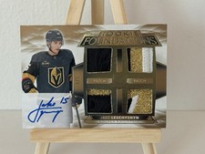 2022 UD The Cup Jake Leschyshyn Vegas Rookie Foundations Quad Patch Auto Card /5. rookie card picture