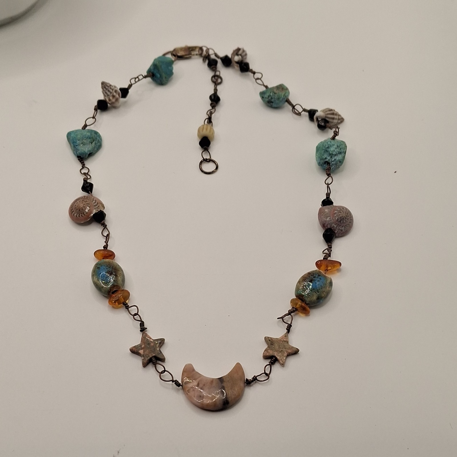 Artisan Handcrafted Necklace with Crescent Moon Star Stone Glass Charms 0013