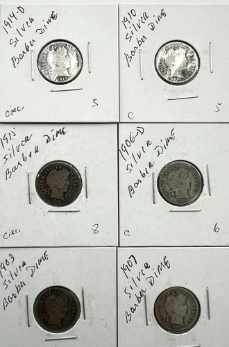 (6) Barber 90% Silver Dimes Lot: 1897-1916 - Assorted Dates & Mints As Seen