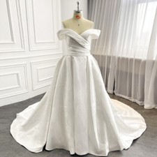 Off Shoulder Satin Wedding Dresses Sleeveless Backless Buttons Bridal Gowns New