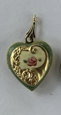 2 Vintage Enamel Heart Locket, Cornucopia, Floral 14k Gold Plated, Hand painted